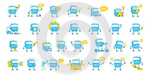 Little blue Robot mascot character big set. All tasks. Cute Robot stickers. Cartoon flat vector illustrations