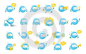 Little blue round robot mascot character big set. Cute Robot emoji. Cartoon vector illustrations. Artificial