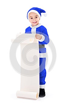 Little blue Santa Claus boy showing wish list