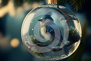 Little blue titmouse bird in christmas glass ball on fir tree covered with snow. New year eve and winter holiday scene. Xmas