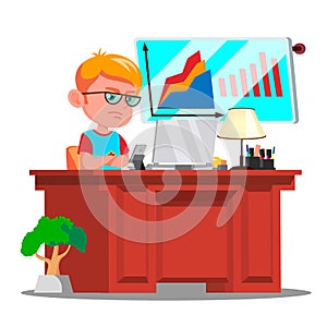 Little Boss Boy, Serious Child In Big Glasses Sitting At Office Desk Vector. Isolated Illustration