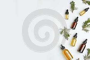 Little bottles with essential oils among pine branches on white background, flat lay.