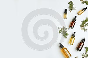 Little bottles with essential oils among pine branches on white background, flat lay. photo