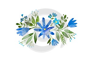 Little bouquet of blue wild flowers. Aquarelle floral illustration.