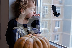 little boy 2 years old in skeleton costume for Halloween is sitting at window. Big pumpkin near boy.