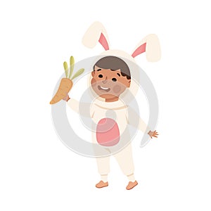 Little Boy Actor in Theater Costume of Bunny with Carrot Showing Performance Vector Illustration