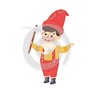 Little Boy Actor in Theater Costume of Gnome with Pickaxe Showing Performance Vector Illustration
