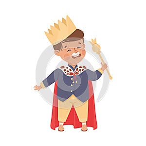Little Boy Actor in Theater Costume of King with Crown and Mantle Showing Performance Vector Illustration