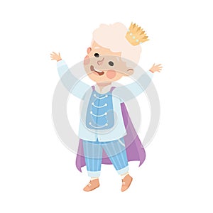 Little Boy Actor in Theater Costume of Prince with Crown Showing Performance Vector Illustration