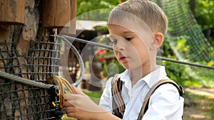 Little boy adjusting safety rope and hook in rope adventure park. Active childhood, healthy lifestyle, kids playing outdoors,