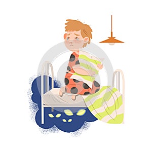 Little Boy Afraid of Monsters Sitting on Bed with Pillow and Crying Vector Illustration