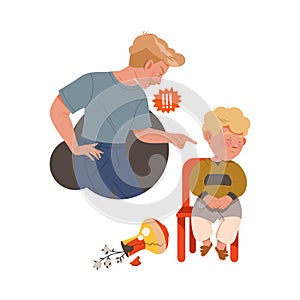 Little Boy Afraid of Punishment for Broken Vase Sitting on Chair with Guilty Look Vector Illustration