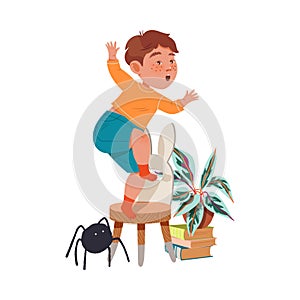 Little Boy Afraid of Spider Jumping on Chair Shouting Vector Illustration