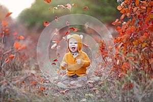 Little boy alone sits on dry grass in a beautiful autumn park on a background of red foliage