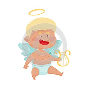 Little Boy Angel with Gold Nimbus and Wings Holding Harp in His Hands Vector Illustration