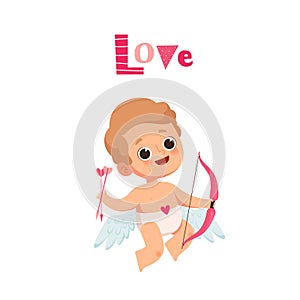 Little boy angel holds a bow and arrow in his hands, a holiday card for valentines day with an inscription love. Cute
