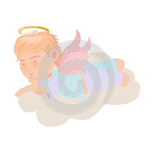 Little Boy Angel with Nimbus and Wings Lying on Soft Cloud Vector Illustration