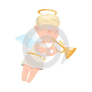 Little Boy Angel with Nimbus and Wings Playing Trumpet Vector Illustration