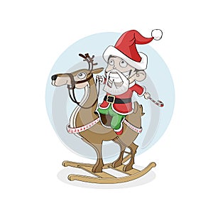 Little boy as santa ride wooden reindeer. Christmas, New Year