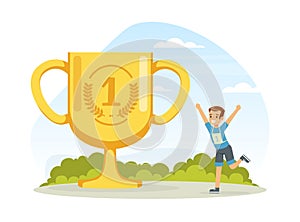 Little Boy Athlete Cheering About Gaining Golden Cup Award Vector Illustration