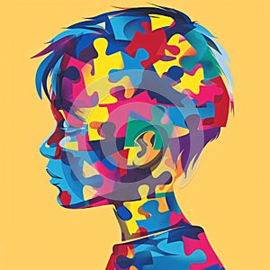 Little boy with autism on background with puzzle pieces. Child mental health