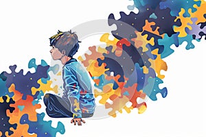 Little boy with autism on background with puzzle pieces. Child mental health