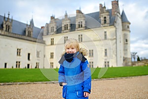 Little boy on the background of famous Royal chateau in Amboise photo