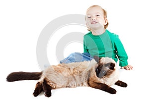 Little boy with balinese cat isolated on white