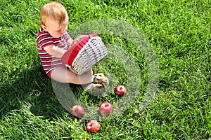 Little boy with a basket sitting on the grass,