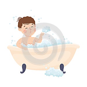 Little Boy Bathing in Bathtub Engaged in Daily Activity and Everyday Routine Vector Illustration