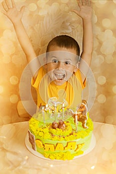 Little boy with beautiful birthday cake with dinosaurs. Translation: Vlad is 4