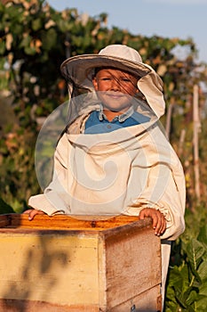 Little boy beekeeper works on an apiary at hive