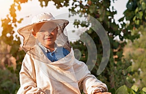 Little boy beekeeper works on an apiary at hive