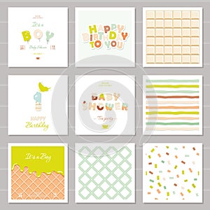 Little boy birthday and baby shower invitation cards set. One year anniversary. Sweet and balloon letters. Cute festive