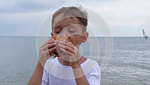 A little boy bites a hamburger. A happy child eats in nature, enjoying a delicious juicy burger. Fast food. A positive