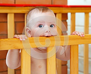 Little boy with blue eyes bites wooden board of his bed