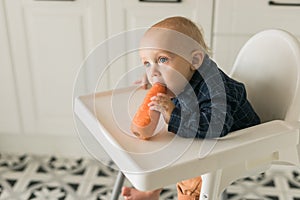 Little boy in a blue t-shirt sitting in a child's chair eating carrot - baby care and infant child feeding concept