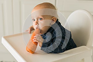 Little boy in a blue t-shirt sitting in a child's chair eating carrot copy space and empty space for text - baby