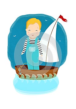 Little boy in a boat under sail, sailing on waves in a sea or ocean