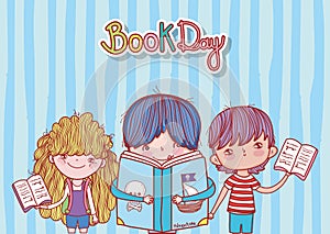 Little boy with book pirates and kids open books stripes background