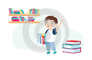 Little Boy with Books and Backpack Stand in Classroom Waving Hand Greeting Classmates and New Educational Year