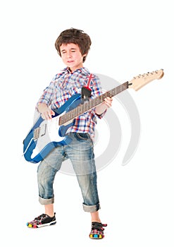 Little boy britpop style with electoguitar full body