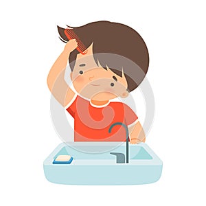 Little Boy Brushing His Wet Hair with Comb Vector Illustration