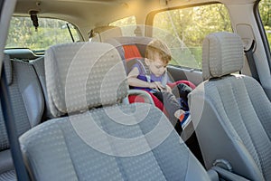 Little boy buckled up with seatbelt inside the car. Vehicle and transportation concept