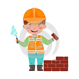 Little Boy Builder Wearing Hard Hat Doing Mason Work Vector Illustration