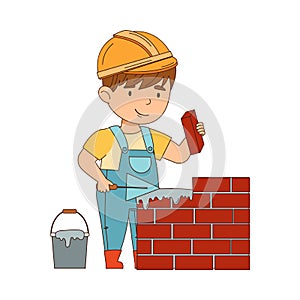 Little Boy Builder Wearing Hard Hat Doing Mason Work Vector Illustration