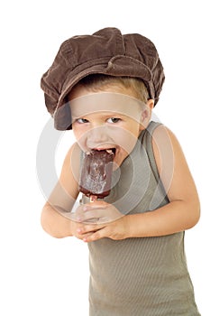 Little boy in cap with ice cream