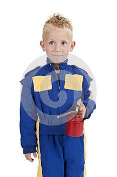 Little boy with car service oil pipette