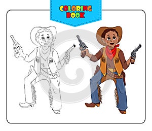 Little boy in carnival costume Cowboy. Coloring book