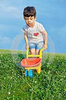 Little boy carries plastic wheelbarrow on grassy